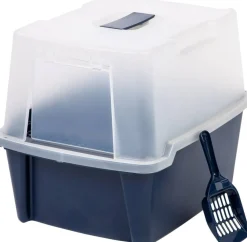 IRIS USA Large Enclosed Hooded Litter Box with Front Door and Scoop, Navy