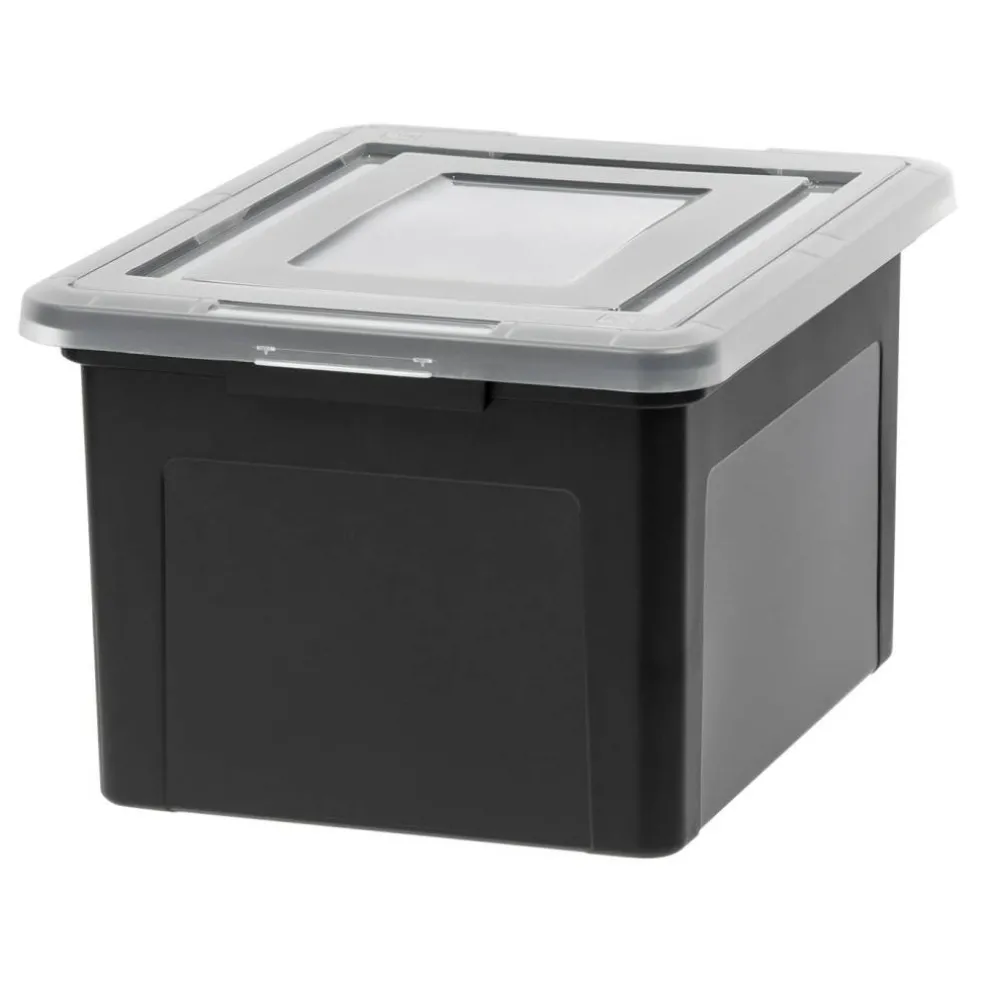IRIS USA Letter/Legal File Tote Box, BPA-Free Plastic Storage Bin Tote Organizer with Durable and Secure Latching Lid, Stackable and Nestable, Black/Clear