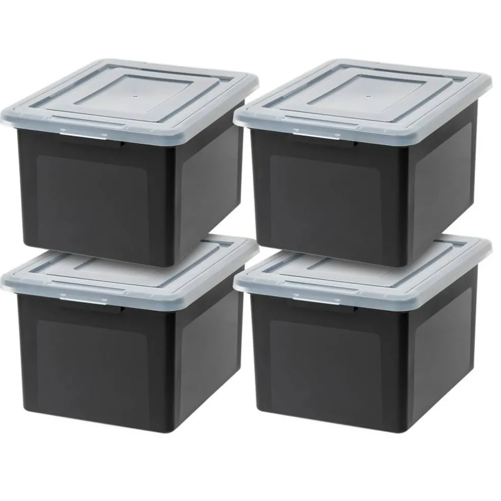 IRIS USA Letter/Legal File Tote Box, BPA-Free Plastic Storage Bin Tote Organizer with Durable and Secure Latching Lid, Stackable and Nestable, Black/Clear
