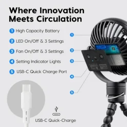 IRIS USA WOOZOO 3.5" Cordless Portable Personal Fan with Flexible Tripod Stand, 10-Hour Runtime, 360° Tilt, 3 Speeds, LED Light, Black