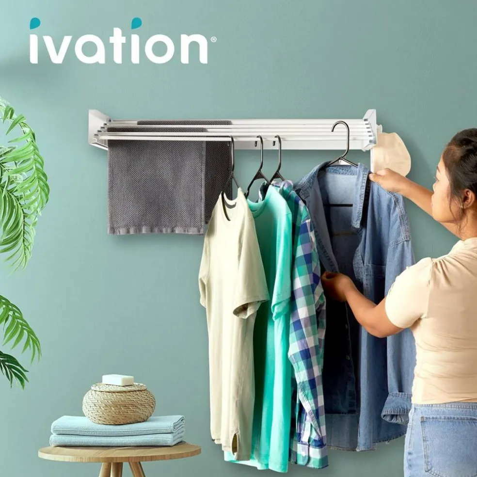Ivation Retractable Wall Mounted Clothes Drying Rack Foldable Laundry Drying Rack for Clothing