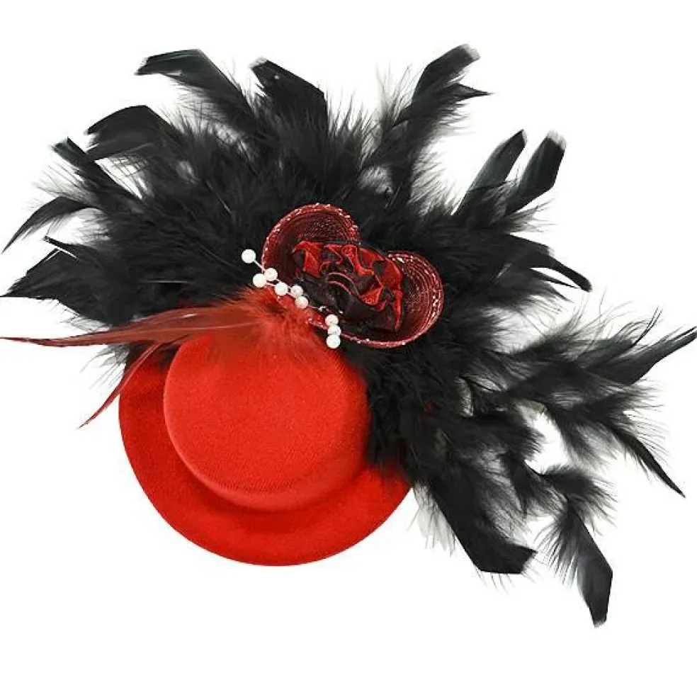 Ivette Red Mini Hat Fascinator with Black Feathers Hair Accessory