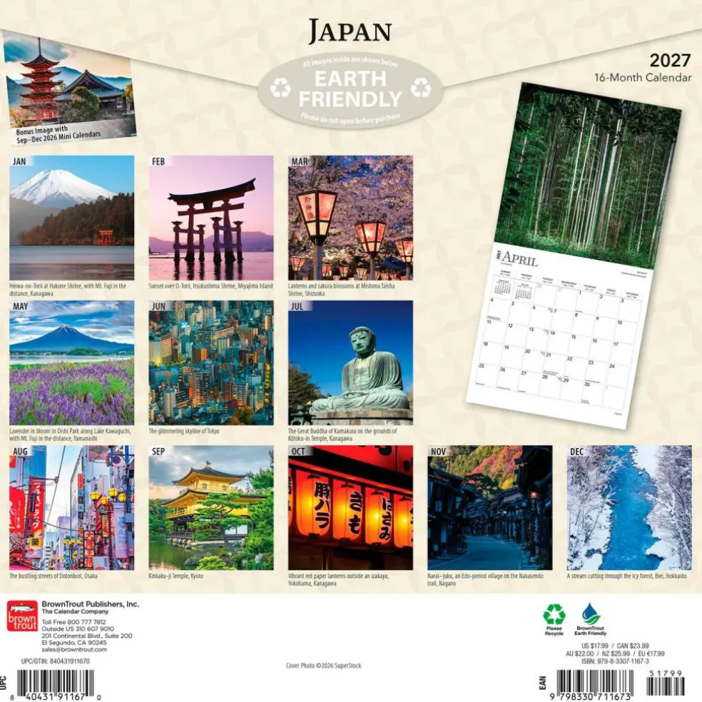 Japan | 2027 12 x 24 Inch (Hanging) Monthly Square Wall Calendar | Plastic-Free
