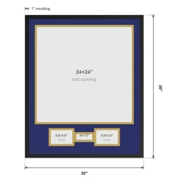 Jersey Shadowbox 30x36 With Nameplate-Photo Openings - Rich Walnut Frame Navy Blue-White Mat