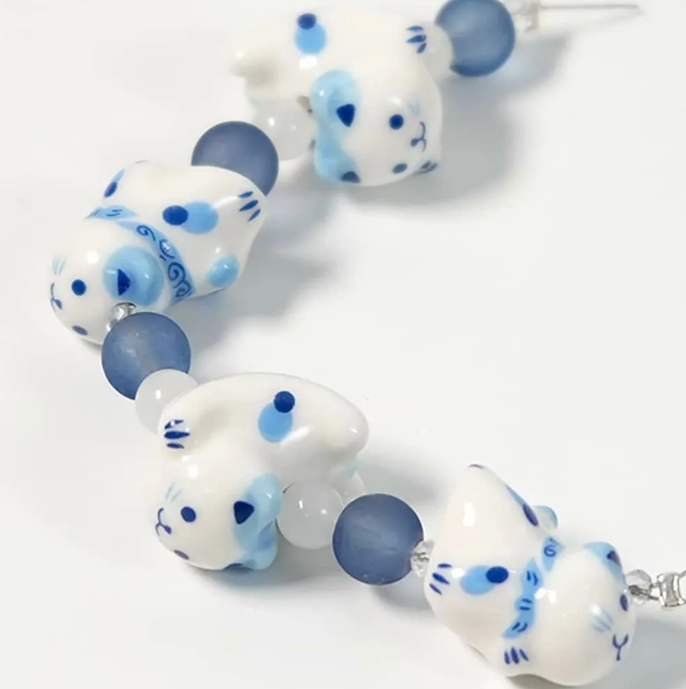 Jesse James Beads 15mm Blue & White Ceramic Cat Beads