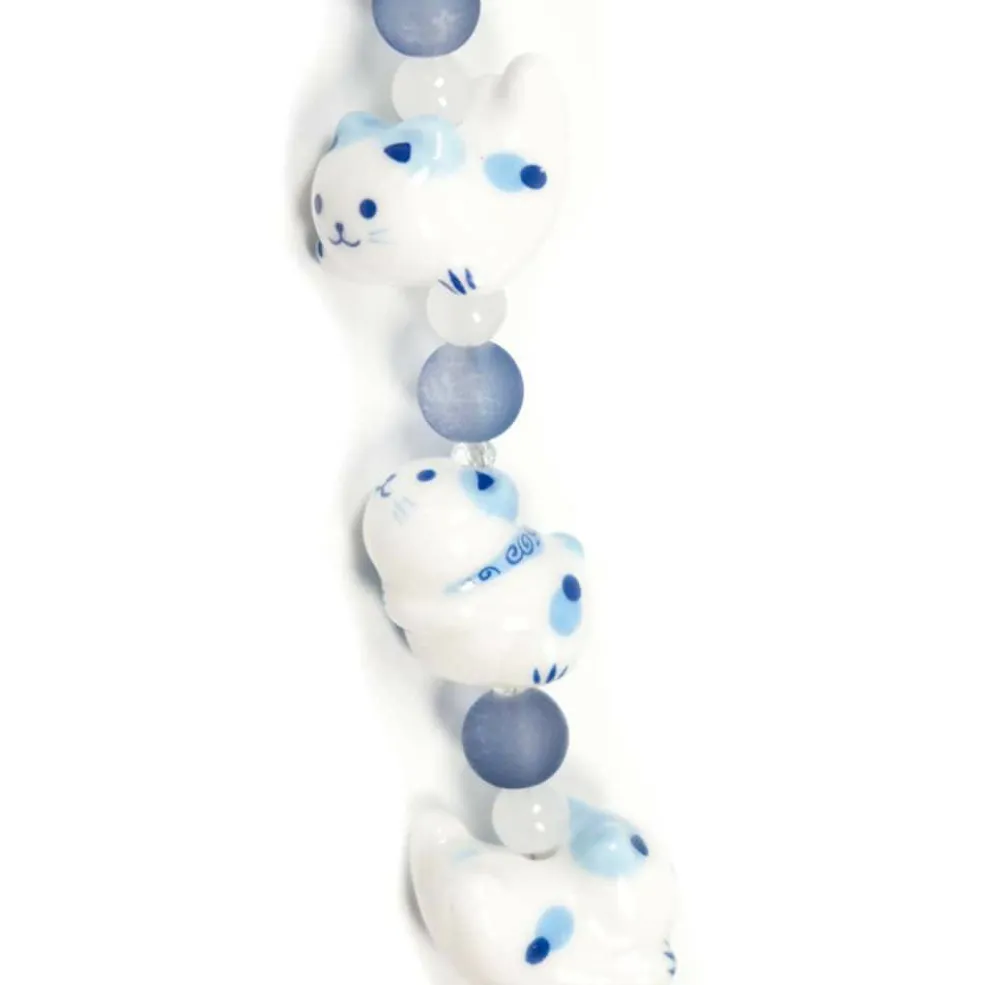 Jesse James Beads 15mm Blue & White Ceramic Cat Beads