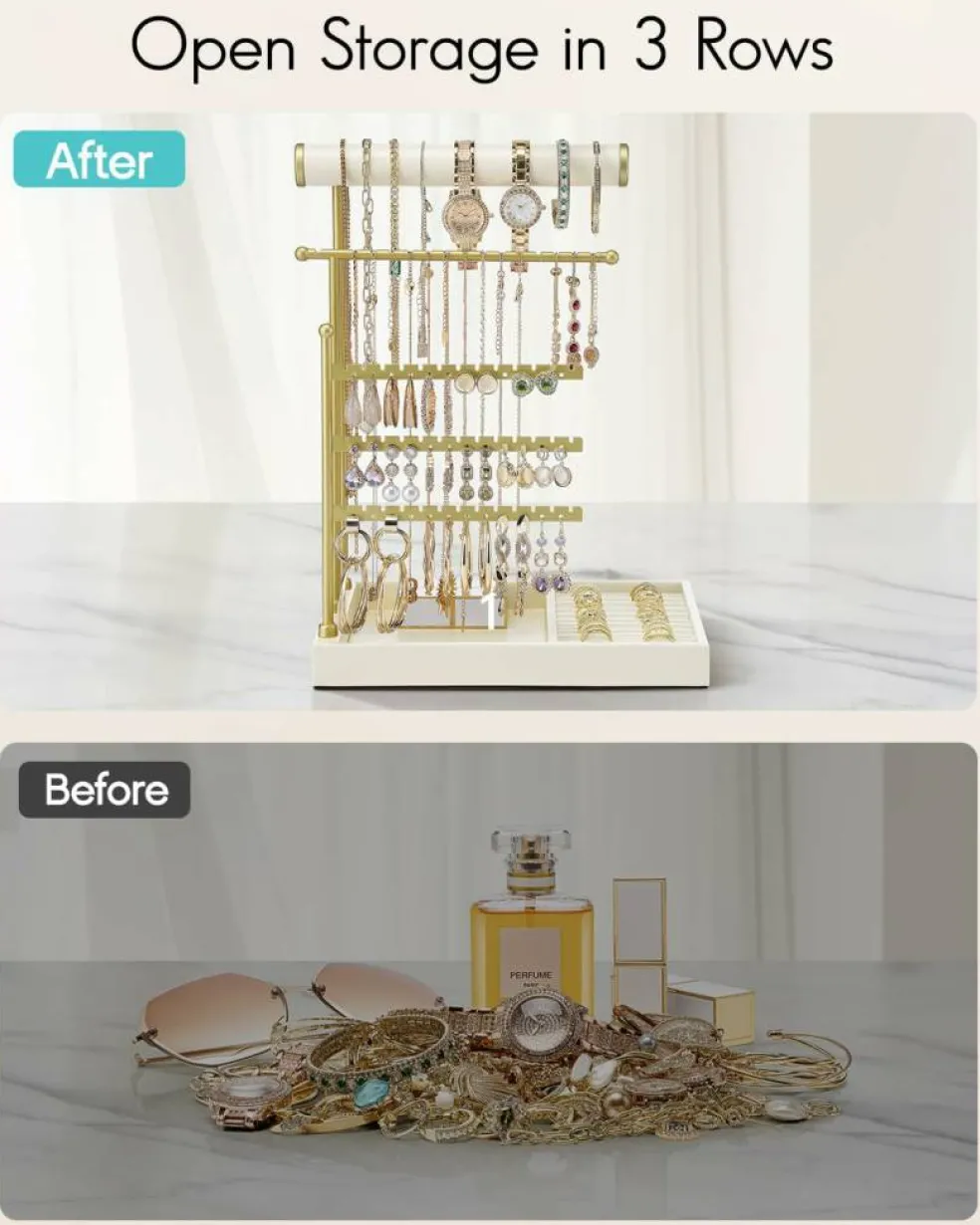 Jewelry Stand Organizer – Cloud White Holder with Ring Tray, Necklace Bracket, and Earring Display