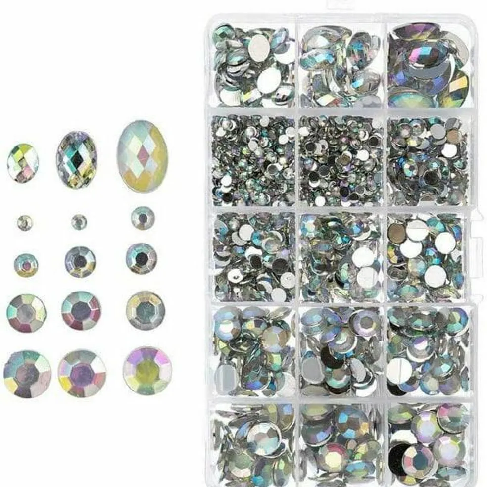 John Bead Crystal AB Assorted Round & Oval Acrylic Flat Back Rhinestones Box