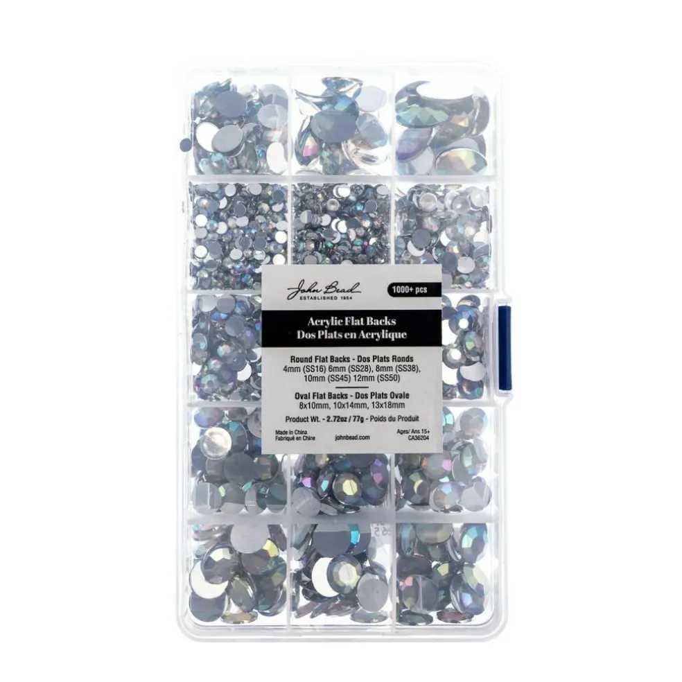 John Bead Crystal AB Assorted Round & Oval Acrylic Flat Back Rhinestones Box