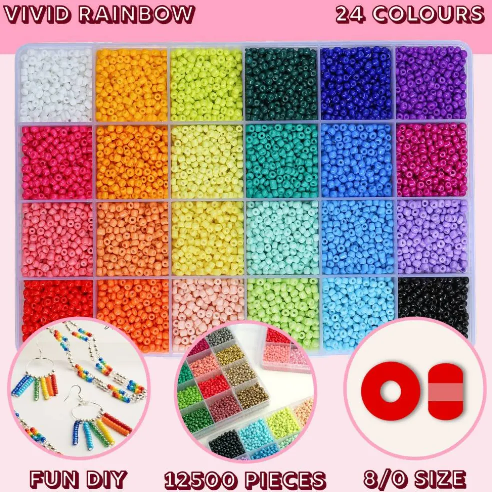 John Bead 12500pcs Assorted 24 Colors Glass Seed Beads 8/0 Jewelry Making Bead Box