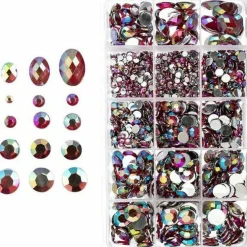 John Bead Red AB Assorted Round & Oval Acrylic Flat Back Rhinestones Box