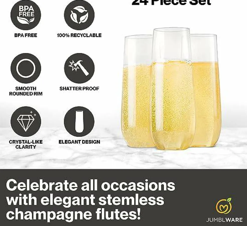 JumblWare 24 9-oz. Stemless Disposable Plastic Champagne Flutes, Clear