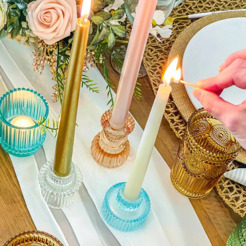 Kate Aspen® Assorted Vintage Ribbed Rose Gold Pink Glass Candlestick Candle Holder Set