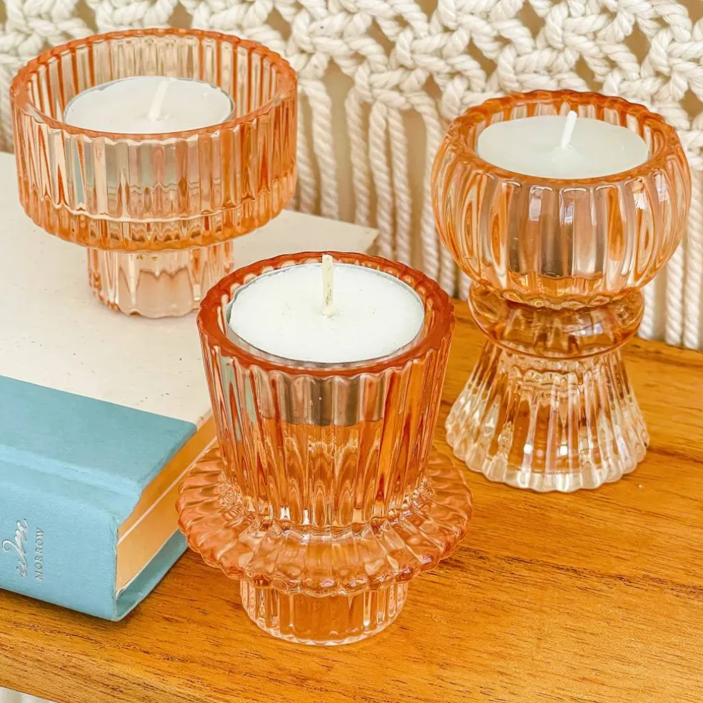 Kate Aspen® Assorted Vintage Ribbed Rose Gold Pink Glass Candlestick Candle Holder Set