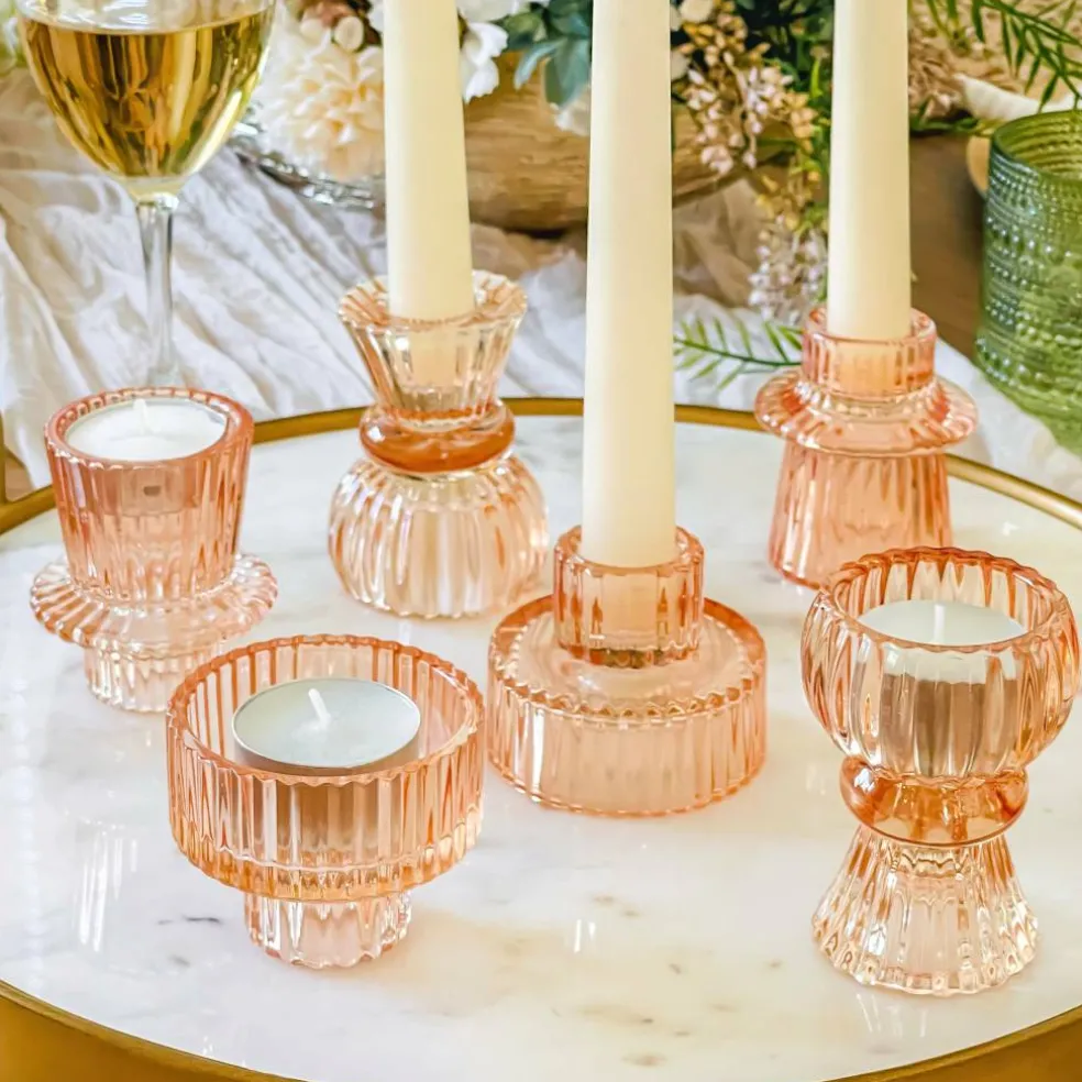 Kate Aspen® Assorted Vintage Ribbed Rose Gold Pink Glass Candlestick Candle Holder Set