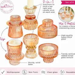 Kate Aspen® Assorted Vintage Ribbed Rose Gold Pink Glass Candlestick Candle Holder Set