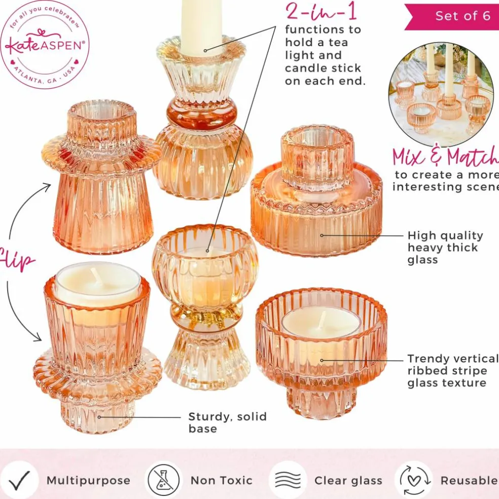Kate Aspen® Assorted Vintage Ribbed Rose Gold Pink Glass Candlestick Candle Holder Set