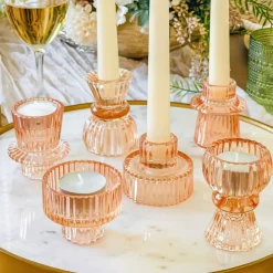 Kate Aspen® Assorted Vintage Ribbed Rose Gold Pink Glass Candlestick Candle Holder Set