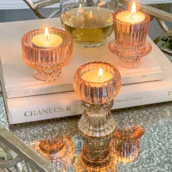 Kate Aspen® Assorted Vintage Ribbed Rose Gold Pink Glass Candlestick Candle Holder Set