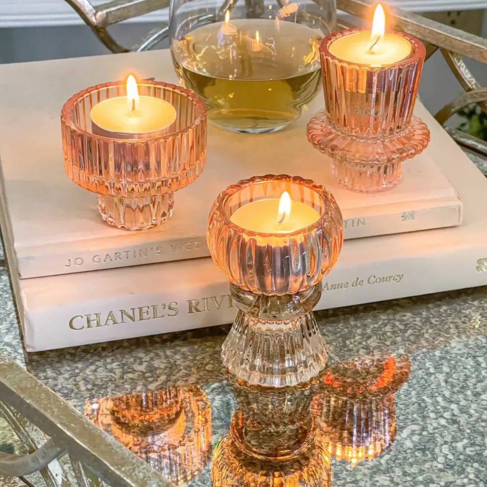 Kate Aspen® Assorted Vintage Ribbed Rose Gold Pink Glass Candlestick Candle Holder Set