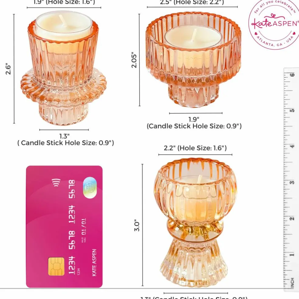 Kate Aspen® Assorted Vintage Ribbed Rose Gold Pink Glass Candlestick Candle Holder Set