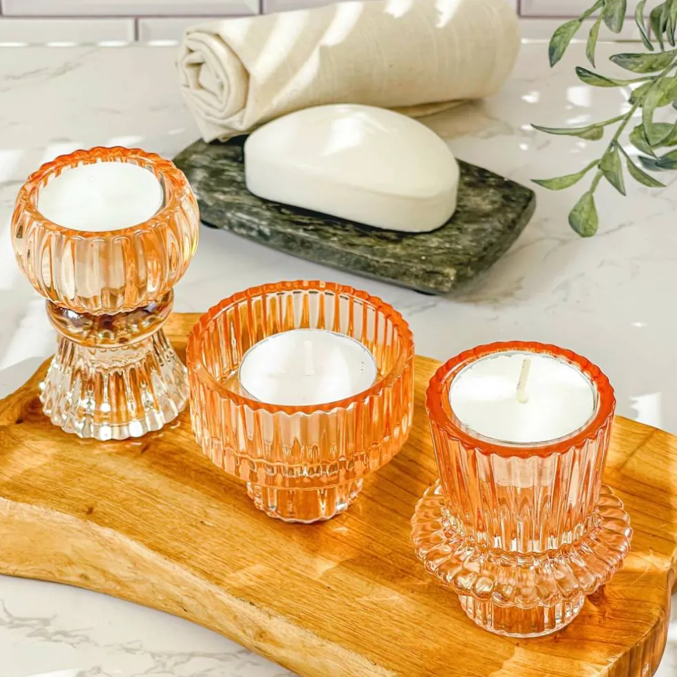 Kate Aspen® Assorted Vintage Ribbed Rose Gold Pink Glass Candlestick Candle Holder Set