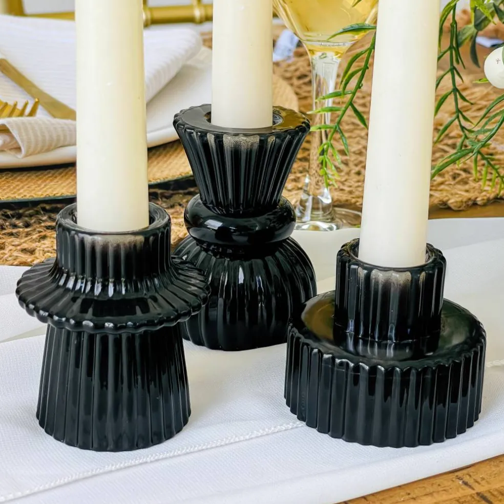 Kate Aspen® Assorted Vintage Ribbed Black Glass Candlestick Candle Holder Set