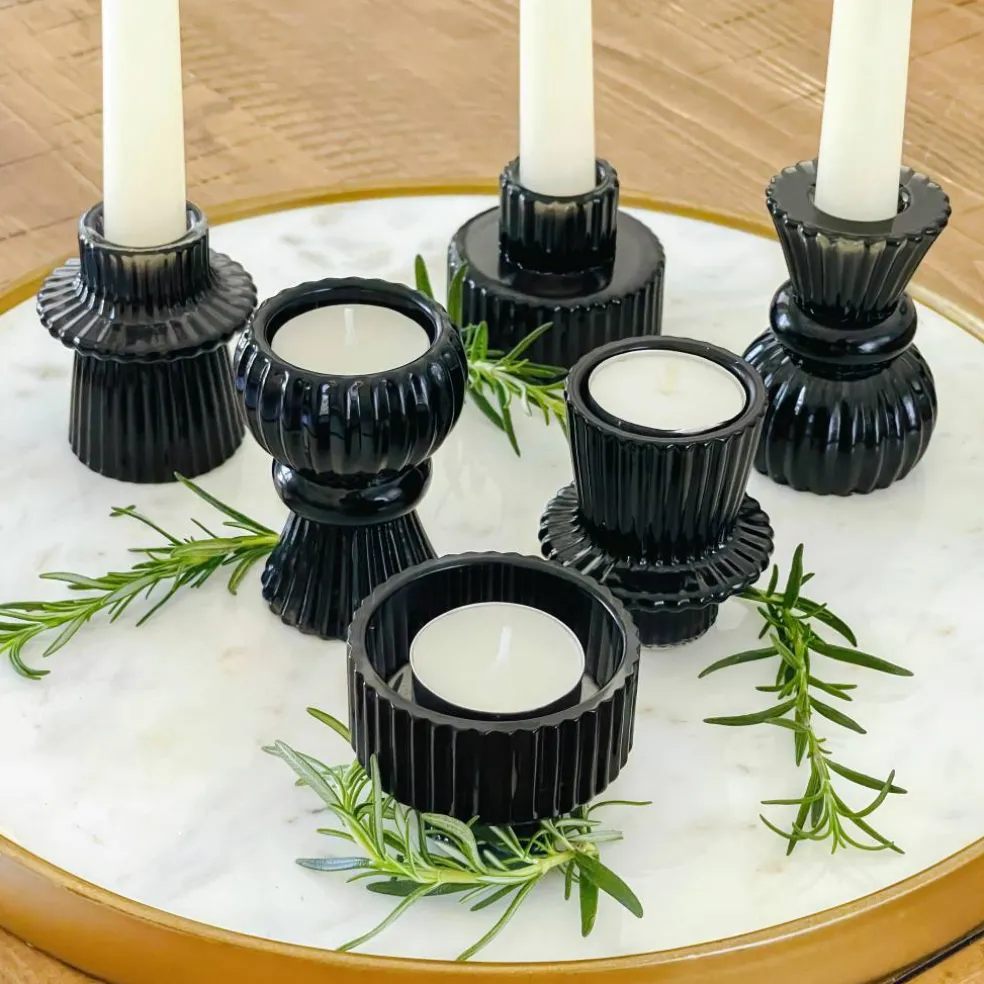 Kate Aspen® Assorted Vintage Ribbed Black Glass Candlestick Candle Holder Set