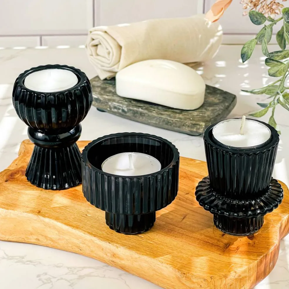 Kate Aspen® Assorted Vintage Ribbed Black Glass Candlestick Candle Holder Set