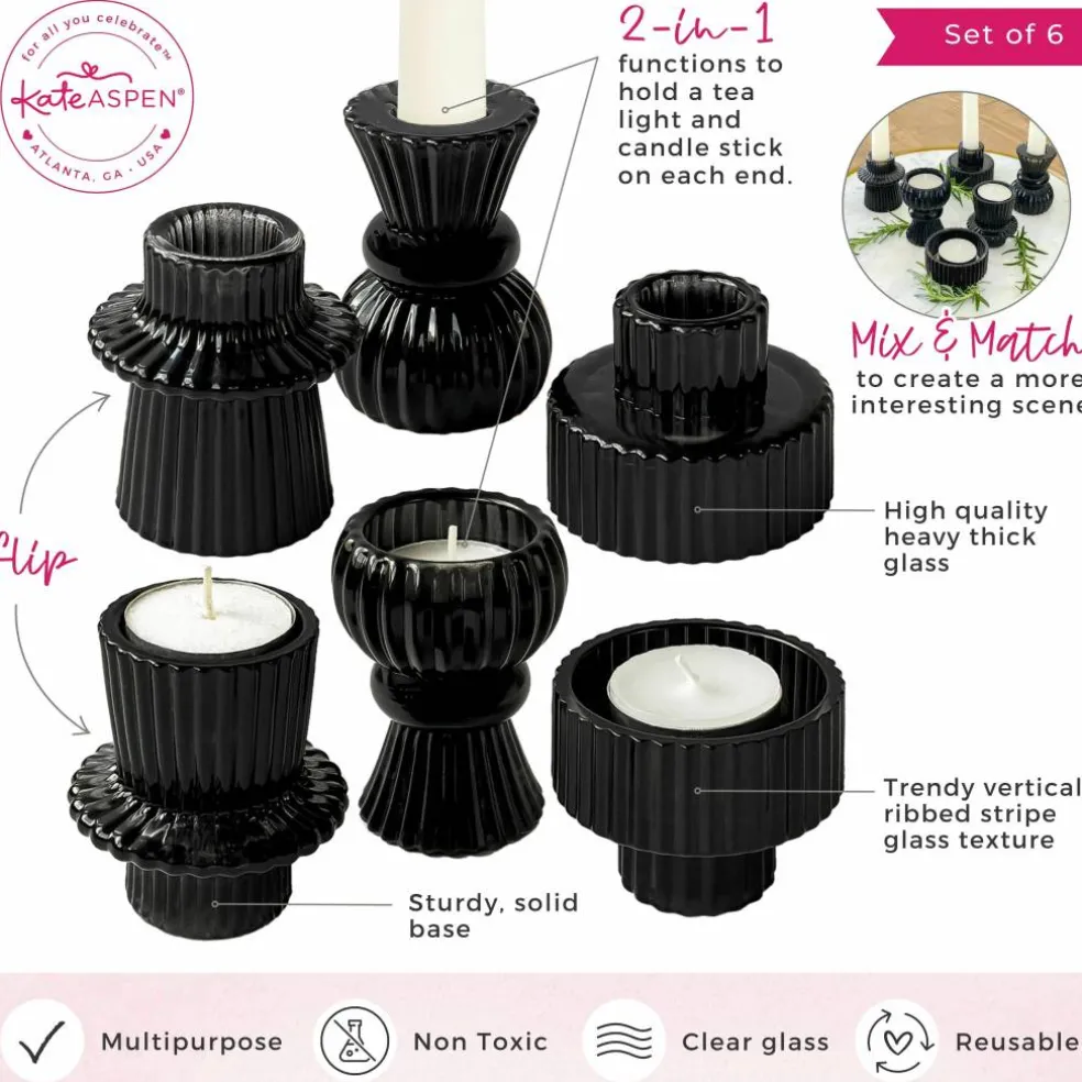 Kate Aspen® Assorted Vintage Ribbed Black Glass Candlestick Candle Holder Set