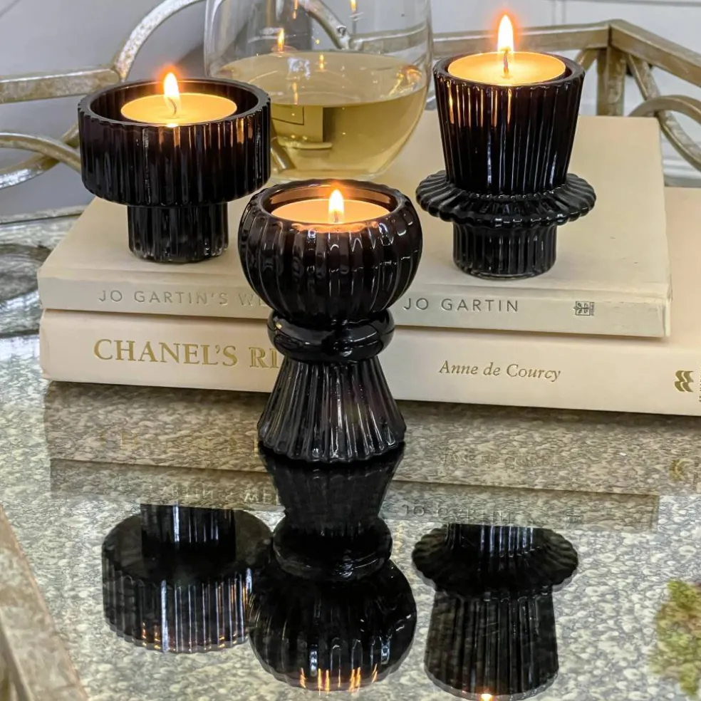 Kate Aspen® Assorted Vintage Ribbed Black Glass Candlestick Candle Holder Set
