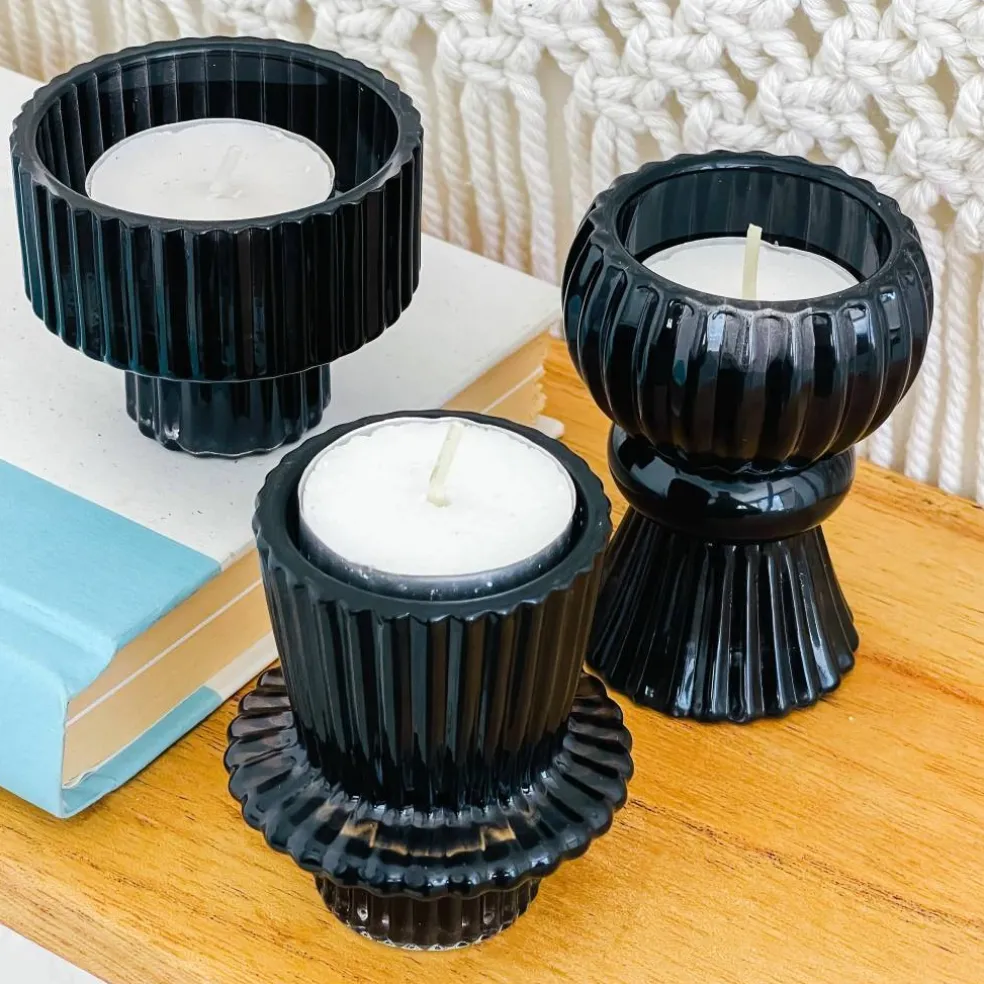 Kate Aspen® Assorted Vintage Ribbed Black Glass Candlestick Candle Holder Set