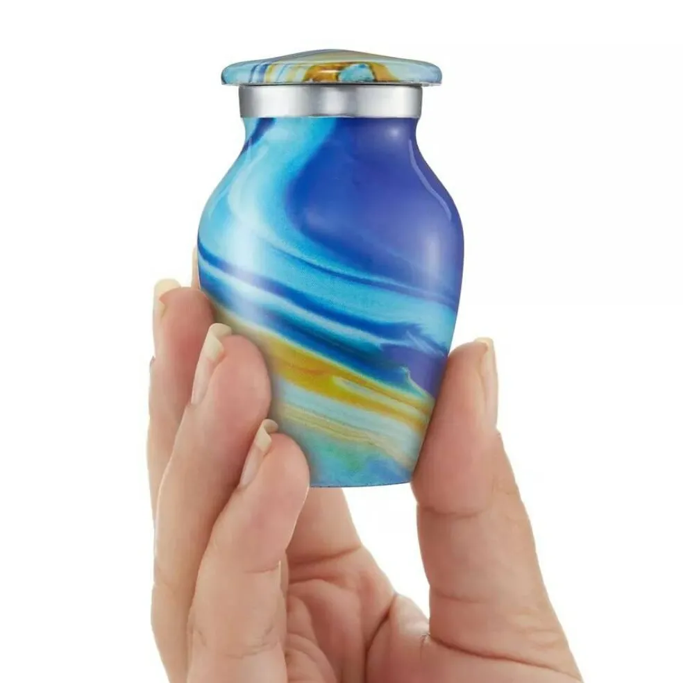 Keepsake Set of 4 Cremation Urns for Human Ashes, Blue Swirl with Velvet Case
