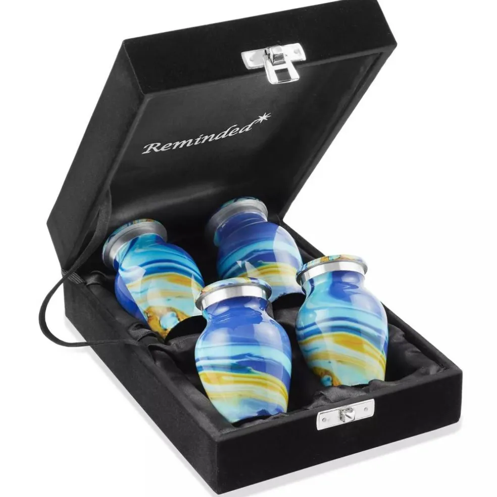 Keepsake Set of 4 Cremation Urns for Human Ashes, Blue Swirl with Velvet Case