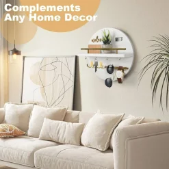 Key Holder for Wall, Key and Mail Holder Organizer with - Key Holder Wall Mount - Round Wooden Rustic Home Decor for Entryway, Mudroom, Hallway, Kitchen Office (White)