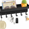 Key Holder Wall Mount, Compact Adhesive Key Rack with Tray, 6 Hooks, 2 Mount Options, Black