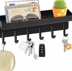 Key Holder Wall Mount, Compact Adhesive Key Rack with Tray, 6 Hooks, 2 Mount Options, Black