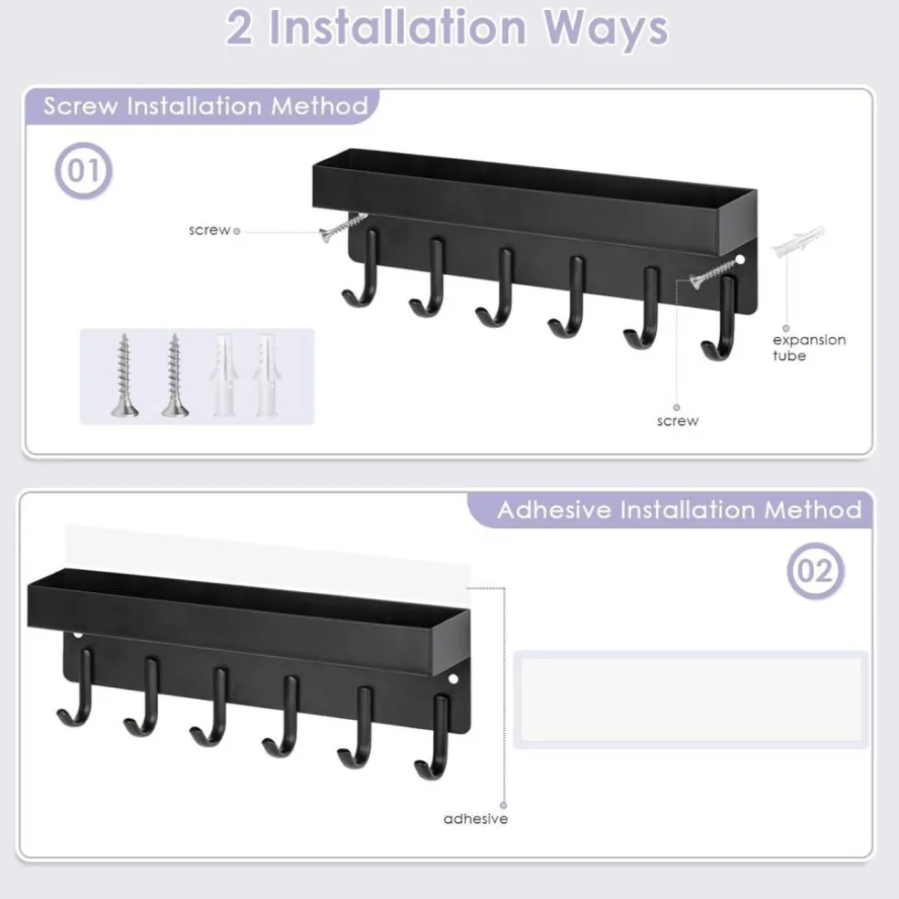 Key Holder Wall Mount, Compact Adhesive Key Rack with Tray, 6 Hooks, 2 Mount Options, Black