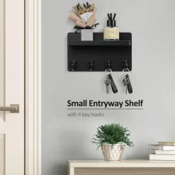 Key Holder Wall Mount, 8.5 Inch Small Home Decor Wooden Wall Organizer with 4 Hooks and Shelf, Wall Decor for Living Room Entryway Kitchen (Black)