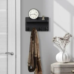 Key Holder Wall Mount, 8.5 Inch Small Home Decor Wooden Wall Organizer with 4 Hooks and Shelf, Wall Decor for Living Room Entryway Kitchen (Black)