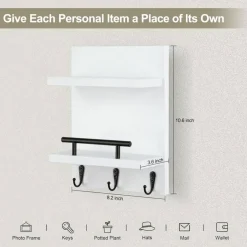 Key Holder Wall Mount, Mail Shelf Decor with 3 Key Hooks, Versatile Wood Wall Organizer for Entryway Hallway (8.2” x 10.6”x 3.6”) (White)