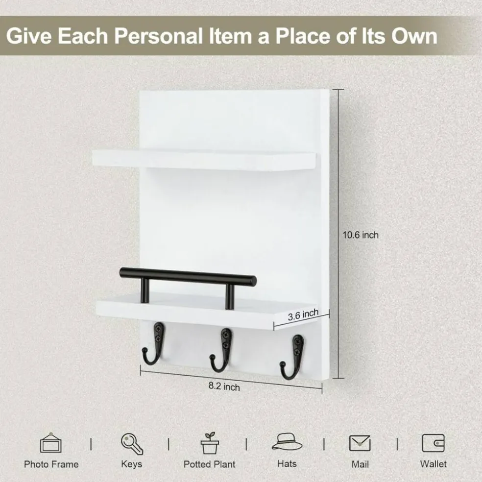 Key Holder Wall Mount, Mail Shelf Decor with 3 Key Hooks, Versatile Wood Wall Organizer for Entryway Hallway (8.2” x 10.6”x 3.6”) (White)