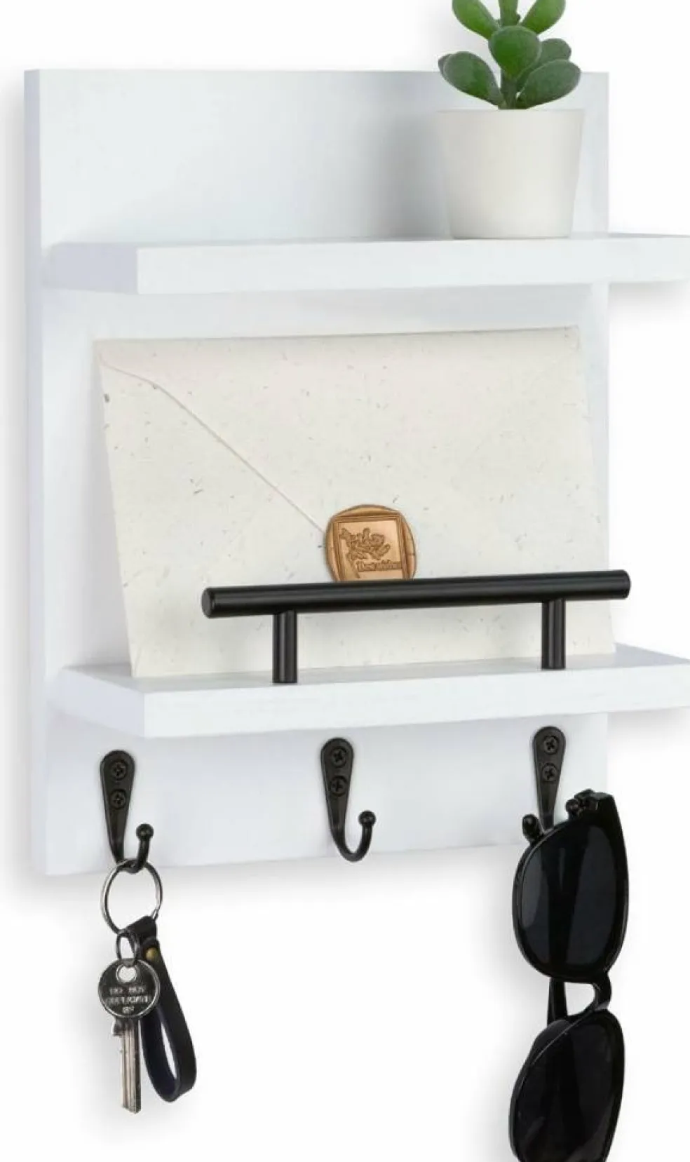 Key Holder Wall Mount, Mail Shelf Decor with 3 Key Hooks, Versatile Wood Wall Organizer for Entryway Hallway (8.2” x 10.6”x 3.6”) (White)