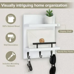 Key Holder Wall Mount, Mail Shelf Decor with 3 Key Hooks, Versatile Wood Wall Organizer for Entryway Hallway (8.2” x 10.6”x 3.6”) (White)