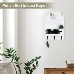 Key Holder Wall Mount, Mail Shelf Decor with 3 Key Hooks, Versatile Wood Wall Organizer for Entryway Hallway (8.2” x 10.6”x 3.6”) (White)