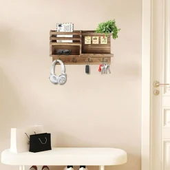 Key Holder Wall Mount, Solid Wood Key and Mail Organizer for Wall(Self Adhesive or Drill), 8 Hooks Key Rack for Entryway Hallway Bedroom Farmhouse Home Decor (Burnt Brown)