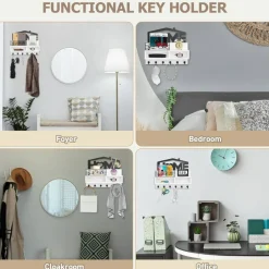 Key Holder Wall Mount with Storage Basket and Shelf, Decorative Wooden Mail and Key Organizer with 2 Compartments, 6 Hooks, Farmhouse Entryway Wall Storage Rack for Keys, Mail, Wallets and Home Decor, White