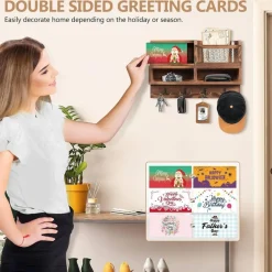 Key Holder Wall Mount, Wooden Mail and Key Organizer with Chalkboard and Mirror, 3 Greeting Cards, 8 Hooks, Brown, Type 1