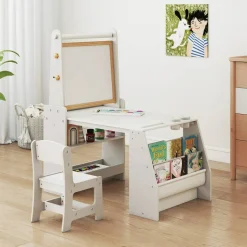 Kids Art Table and Chair Set with Whiteboard Chalkboard Easel Storage and Paper Roll for Drawing