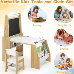 Kids Art Table and Chair Set with Whiteboard Chalkboard Easel Storage and Paper Roll for Drawing